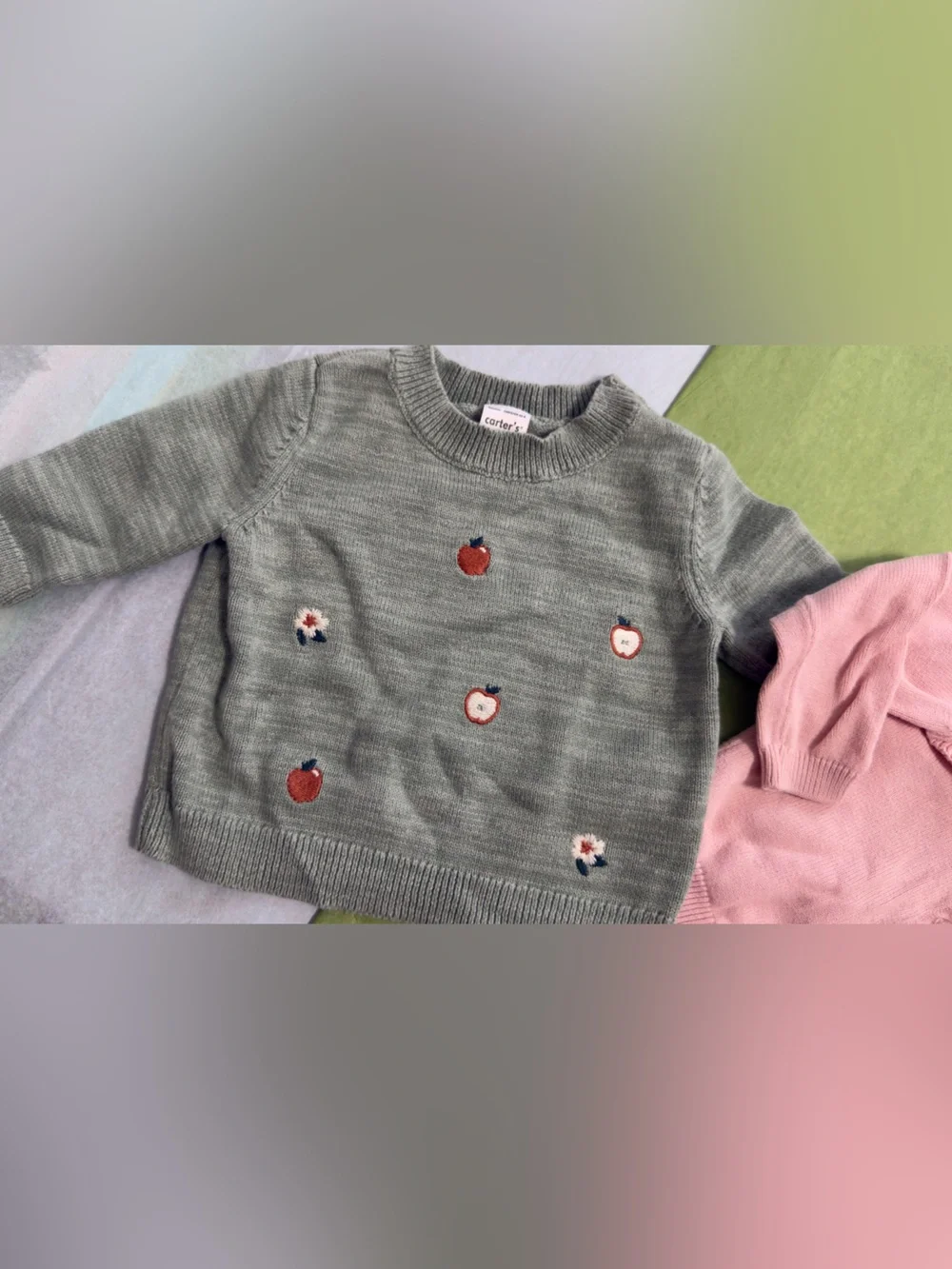 Carter's Green Apple Knit Sweater & Pink Ruffle Cardigan Set